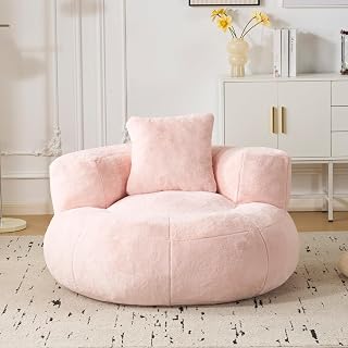 Sitzsack Erwachsene mit Füllung, Geräuschloser Runder Bean Bag mit Schaumstoff-Schnitzeln, Lesesessel & Gaming Sessel, Premium Kaninchenplüsch in Blütenform mit Kissen,Rosa