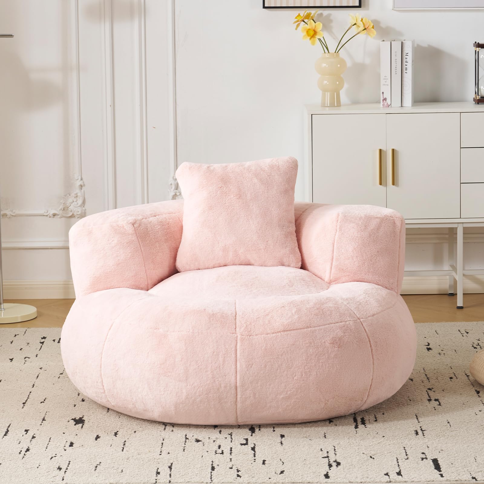 Sitzsack Erwachsene mit Füllung, Geräuschloser Runder Bean Bag mit Schaumstoff-Schnitzeln, Lesesessel & Gaming Sessel, Premium Kaninchenplüsch in Blütenform mit Kissen,Rosa