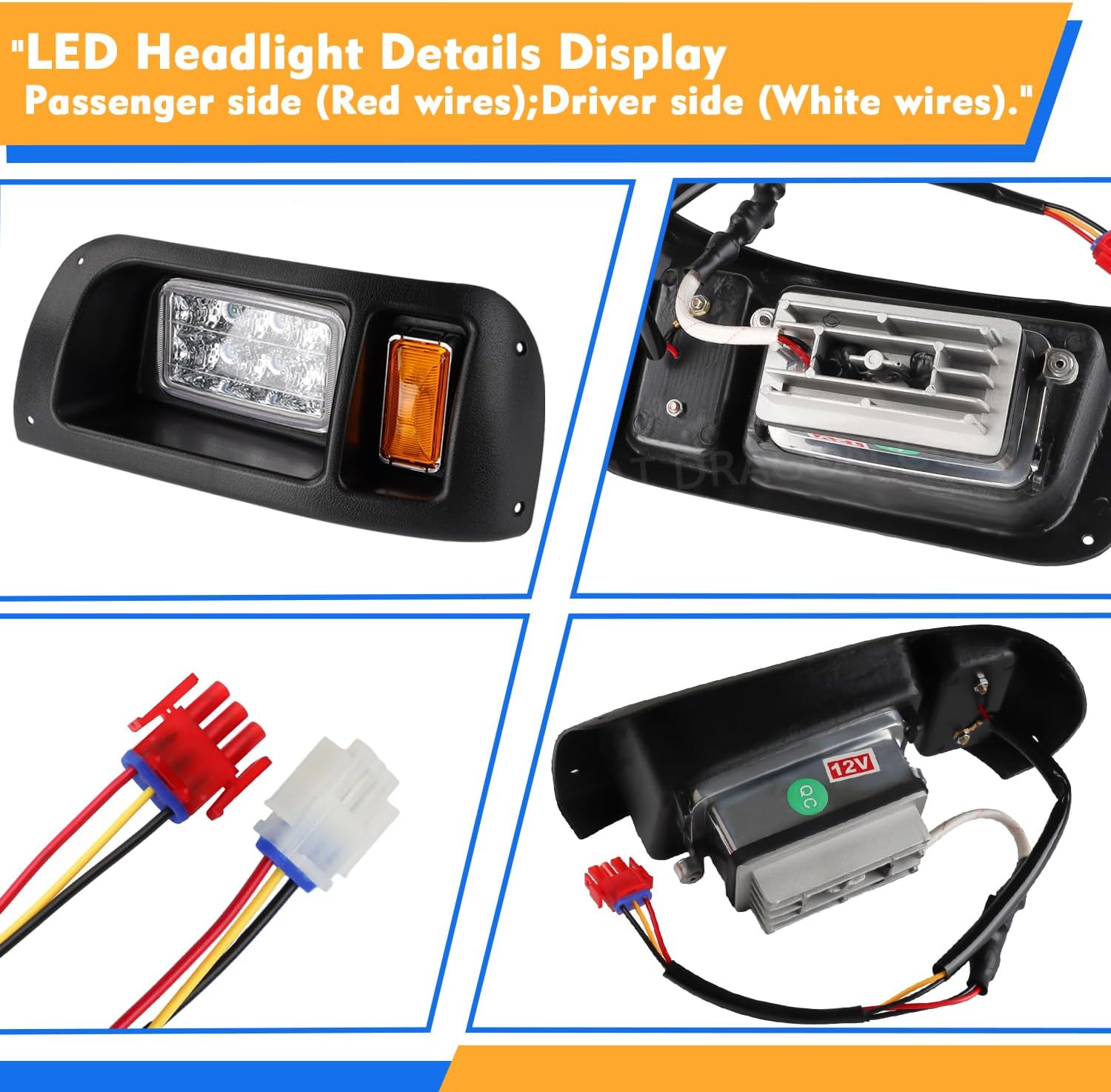 Panglong Club Car DS LED Headlight Kit with Adapter Wire, DS LED Headlight Suitable for 1993-Up 12 Volt Club Car DS, Replace OEM# 101988002,101988001