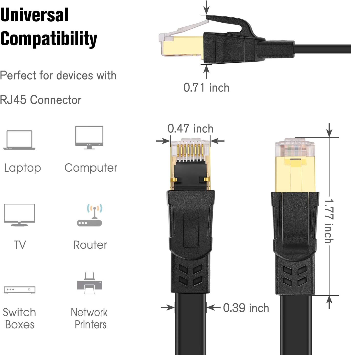 Cat 8 Ethernet Cable, Flat Network LAN Cable 30 ft Shielded, 26AWG 40Gbps 2000Mhz - Cat8 High Speed Rj45 Cord Support Cat5/Cat6/Cat7 - Black