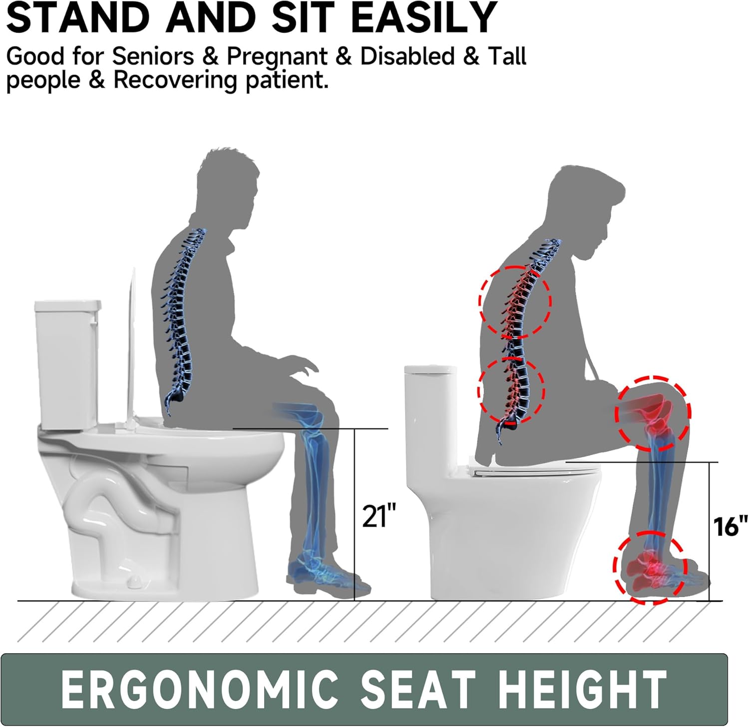 21 Inch Compact Tall Toilet for Seniors, Tornado Flush Single Flush 1.28 GPF, Comfort ADA Height, Bowl Heigh 20.5", Seat Heigh 21.25", Two Piece High Toilet for Bathroom, 12” Rough In, White