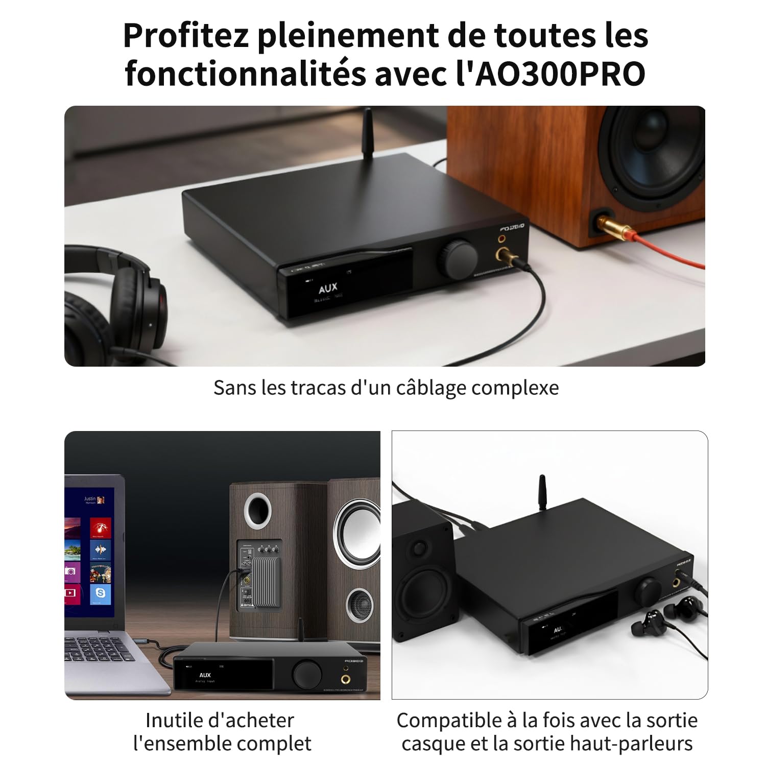 SMSL AO300 Pro DAC Amplifier | Amplificateur stéréo 2.1 de 165 W MA5332MS avec DAC MQA, entrées USB/Coax/Opt/RCA | Amplificateur Casque Hi-FI 4,4 mm/6,35 mm, Noir