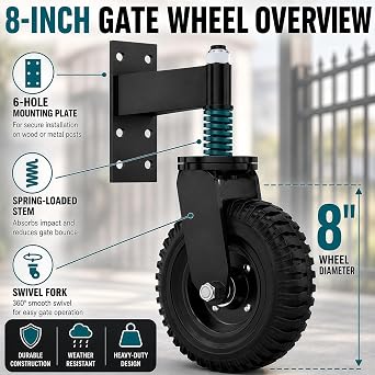 8 Inch Heavy Duty Gate Wheel, 600 lbs Spring Loaded Caster | 360° Swivel Fence Gate Wheel for Metal and Wooden Gates, Spring-Loaded Design Helps Keep Heavy Gates Rolling Smoothly