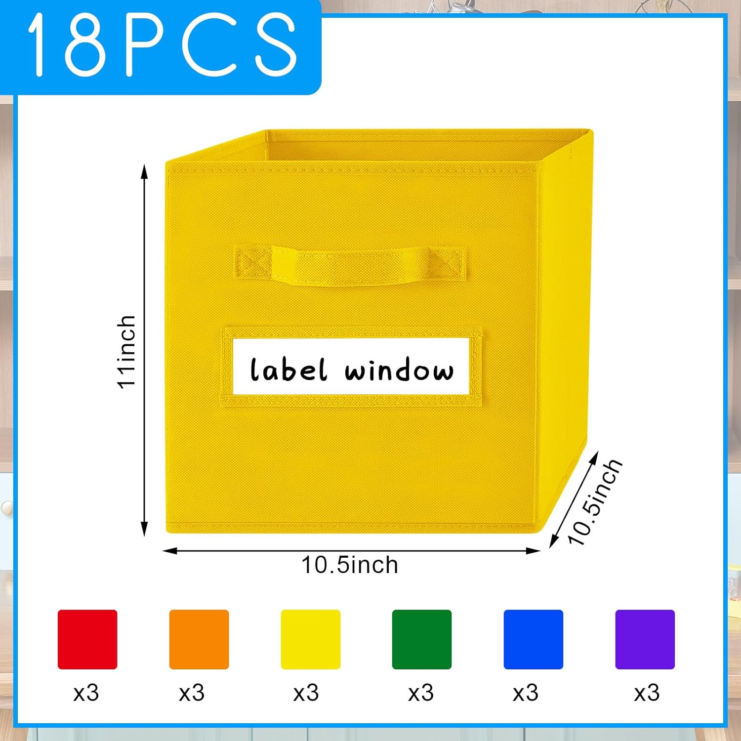 18pcs 11 Inch Fabric Storage Cubes Sturdy Colorful Cube Storage Bins with Label Window Handle Foldable Baskets for Kids Organizing Clothes, Toys, Books(School Color)