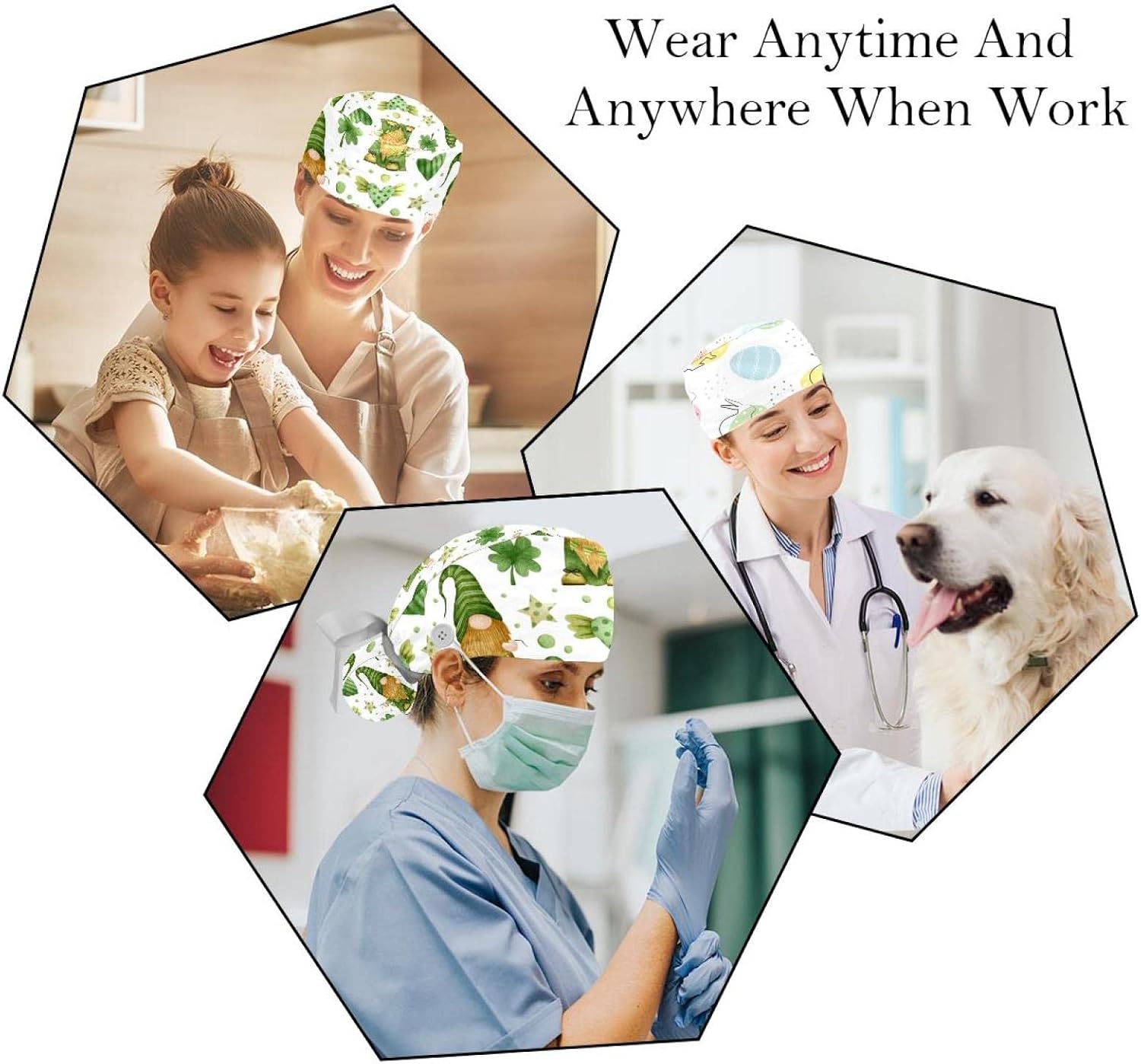 2 PCS Easter Egg Bunny Nurse Scrub Caps Women Long Hair Adjustable Tie Back Skull Hat One Size Working Head Cover