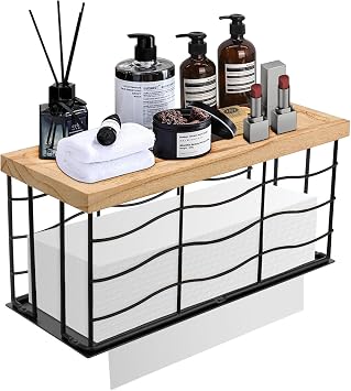 Paper Towel Dispenser, Metal Paper Towel Holder with Wood Lid, Commercial Napkin Dispenser, Tri-Fold Paper Towel Stand for Home Bathroom Kitchen, Wall Mounted & Countertop Matte Black
