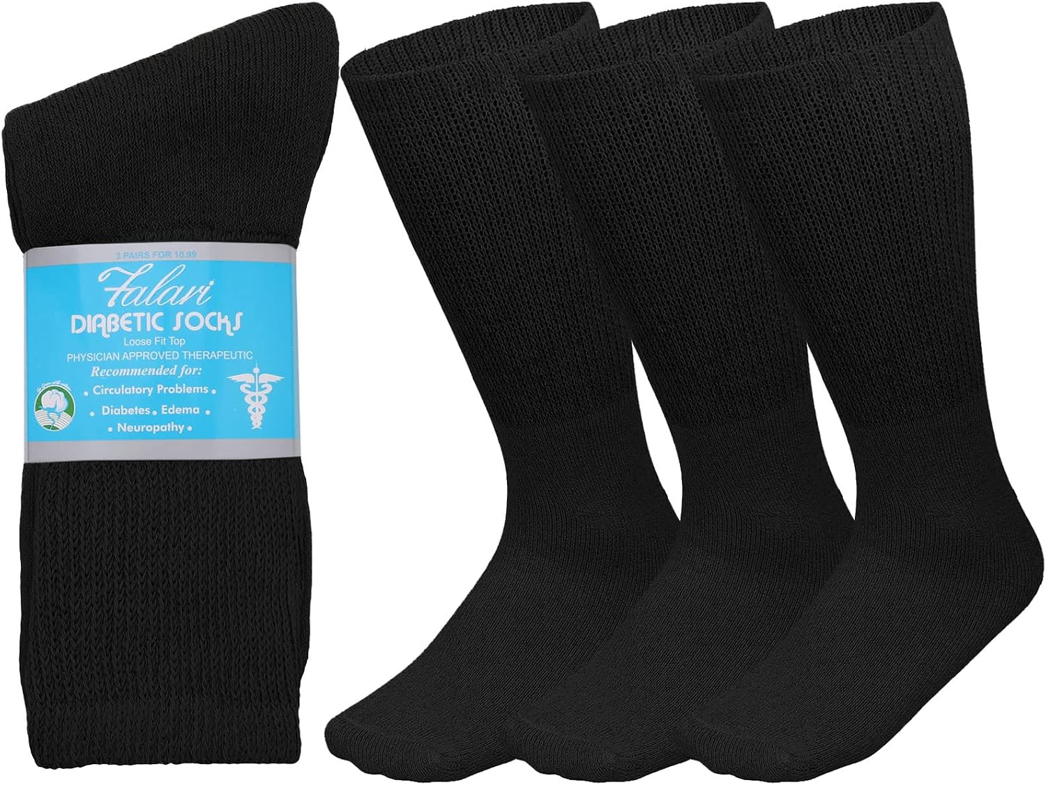 Falari 3-Pack Physicians Approved Diabetic Socks Cotton Non-Binding Loose Fit Top Help Blood Circulation