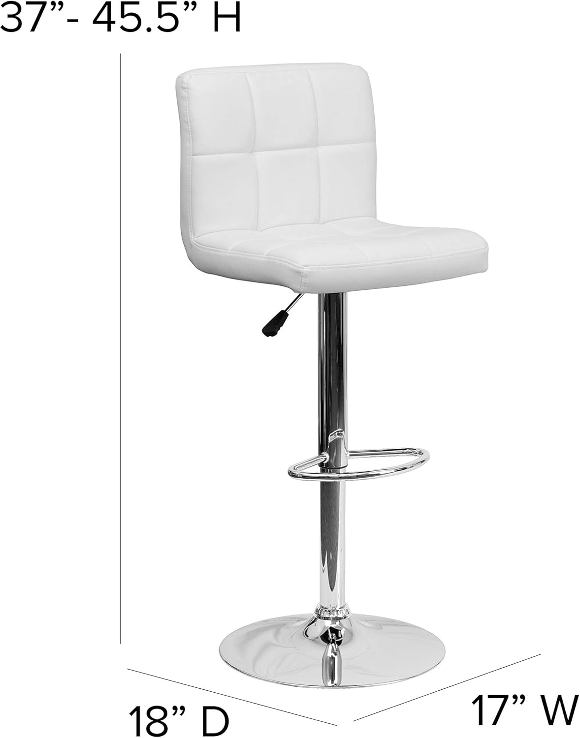 BizChair White Quilted Vinyl Adjustable Height Barstool with Chrome Base