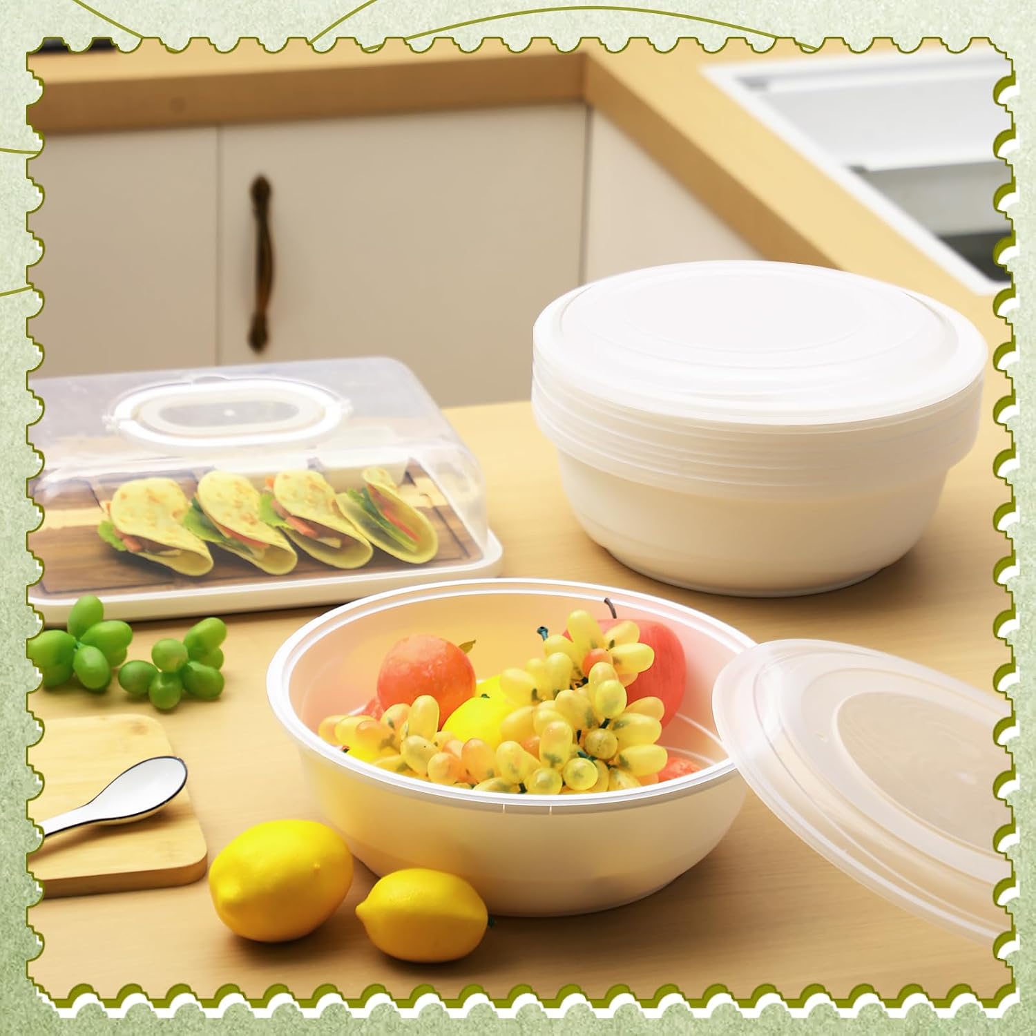 Newtay 10 Pack 135 oz Large Plastic Serving Bowls with Lids Round Extra Large Disposable Salad Bowls Containers Chip Candy Dish for Salads and Snacks Party Picnic Buffet Eating(White)