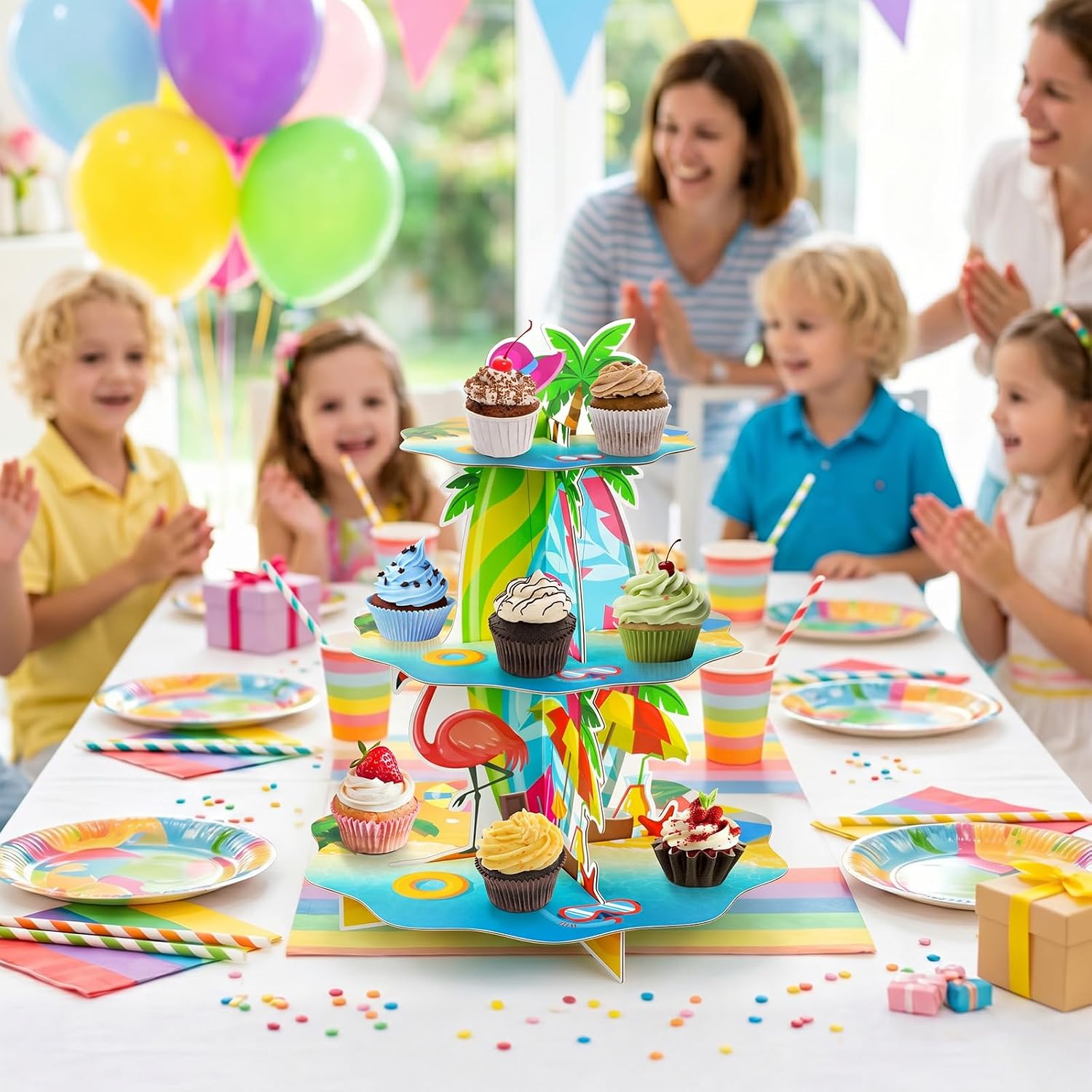 3 Tier Hawaiian Cupcake Stand Hawaiian Luau Birthday Party Decorations Tropical Party Decorations for Summer Pool Beach Baby Shower Luau Themed Birthday Decoration Supplies image 2