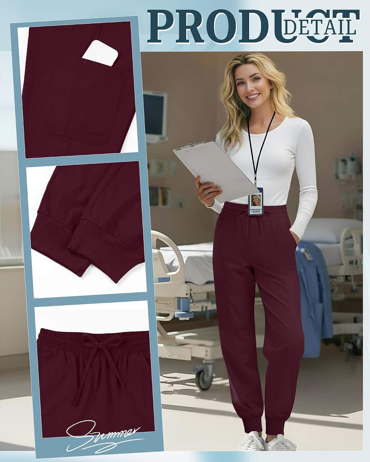 Women's Scrubs Pants Stretch Cargo Joggers Slim Fit Medical Bottoms High Waist Drawstring Scrubs with 6 Pockets