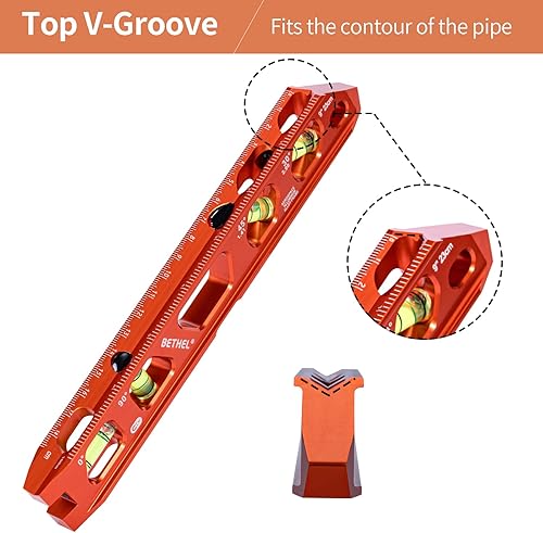 Miniatura 6 de BETHEL Nivel de torpedo, nivel de conducto magnético con 4 viales, ranura en V y pista magnética, construcción de aleación de aluminio, naranja de