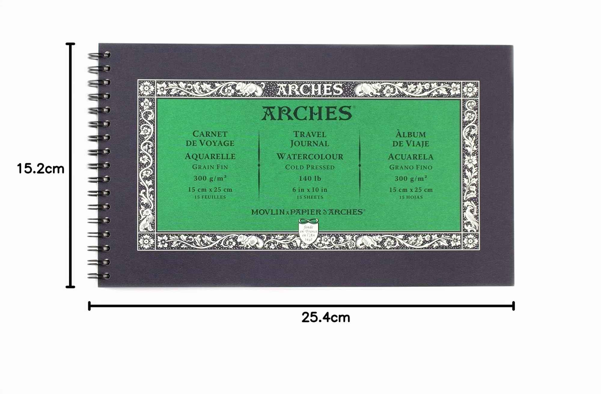 Arches Diario di Viaggio per Acquerelli - 15,2 x 25,4 cm, Bianco Naturale, 100% Cotone - 15 Fogli di Carta 63,5 kg Stampa a Freddo - Per Guazzo