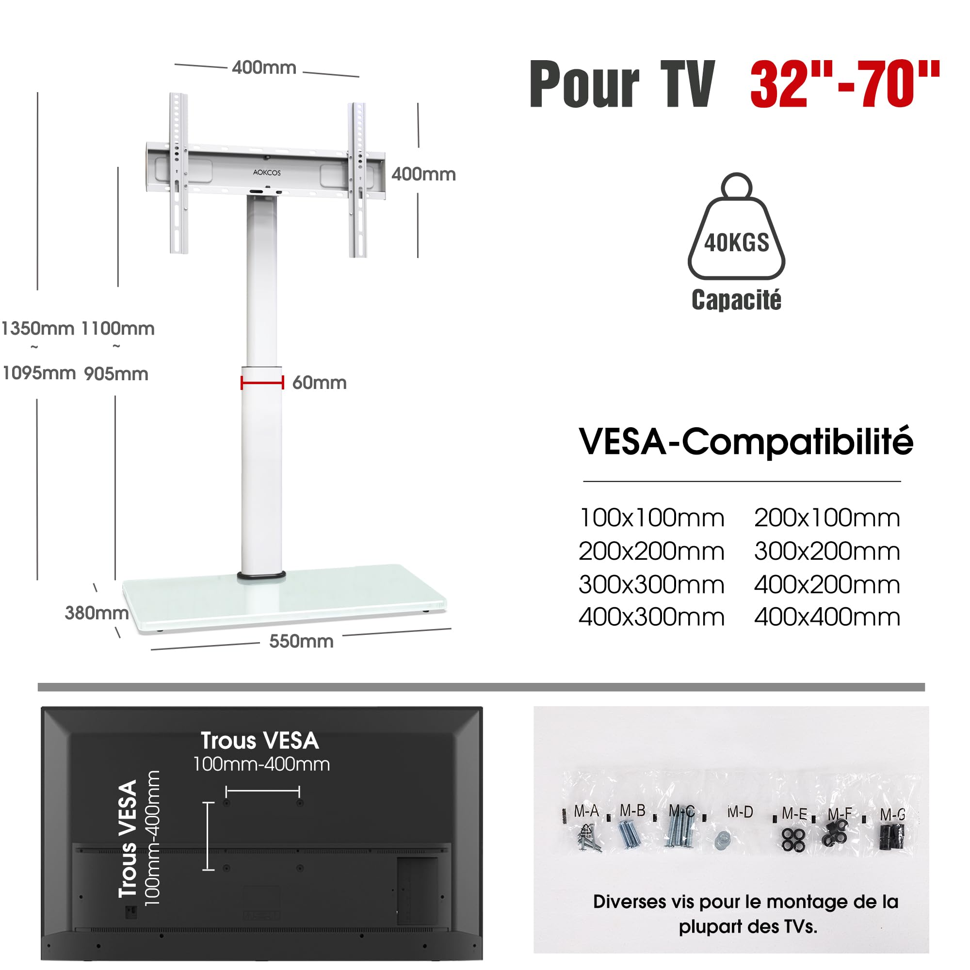 AOKCOS Support TV sur Pied pour TV de 32-65 70 Pouces - Pied TV Plus Haut 1095 MM - 1350 MM Pivotant 60° Inclinaison 12° jusqu'à 40 KG Max. VESA 400x400 MM