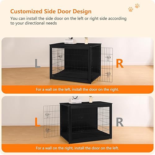 Vista 104 de DWANTON Mueble de jaula para perros con cojín, caja de madera para perros con puertas dobles, muebles para perros, perrera de interior, mesa Negro