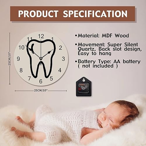Miniatura 8 de Reloj de pared dental dental de 10 pulgadas, reloj de pared redondo de madera vintage, funciona con pilas, reloj de pared grande silencioso