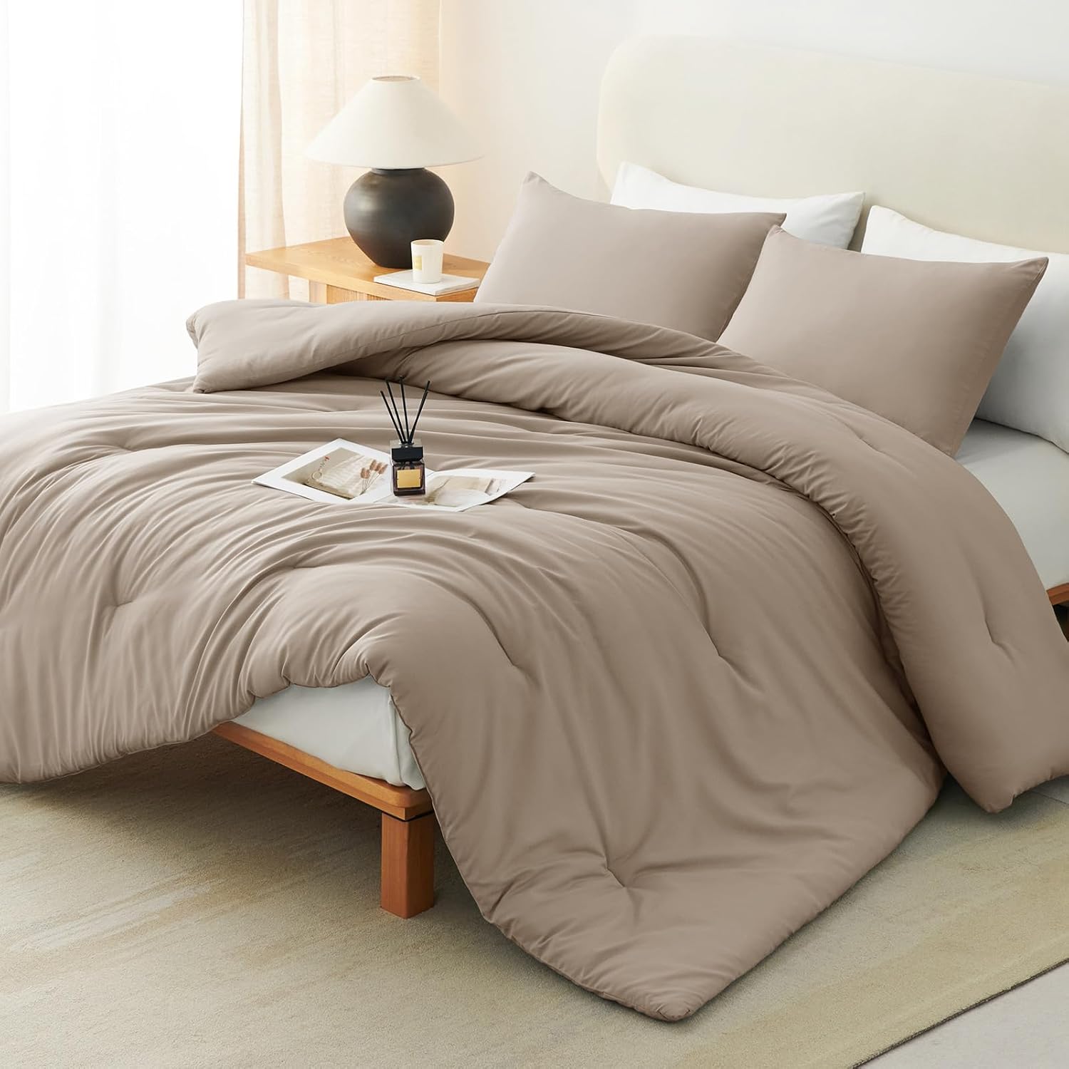 CozyLux King Size Comforter Set Khaki, 3 Pieces Solid Comforters King Size Breathable Quilted Style Bedding Set, Luxury Soft Bed Set with Down Alternative Comforter (1 Comforter & 2 Pillowcases)