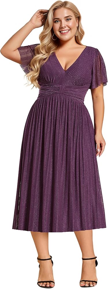 Amazon.com: Ever-Pretty Plus Women's V Neck Short Sleeves A Line Glitter  Midi Plus Size Formal Wedding Guest Dresses Purple Wisteria US24 :  Clothing, Shoes & Jewelry