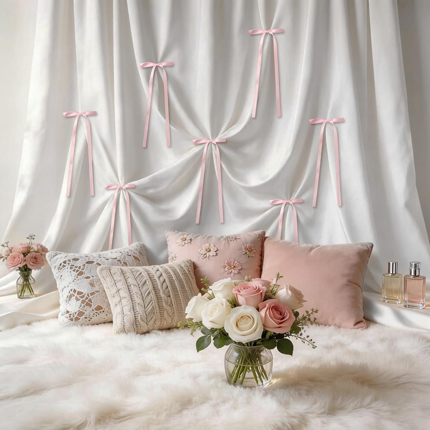 JarThenaAMCS Pink Bow Wall Decor Background Coquette Ribbon Bow with White Backdrop Cloth DIY Required Party Decorations for Women Girls Birthday Baby Bridal Shower Room Decor image 5