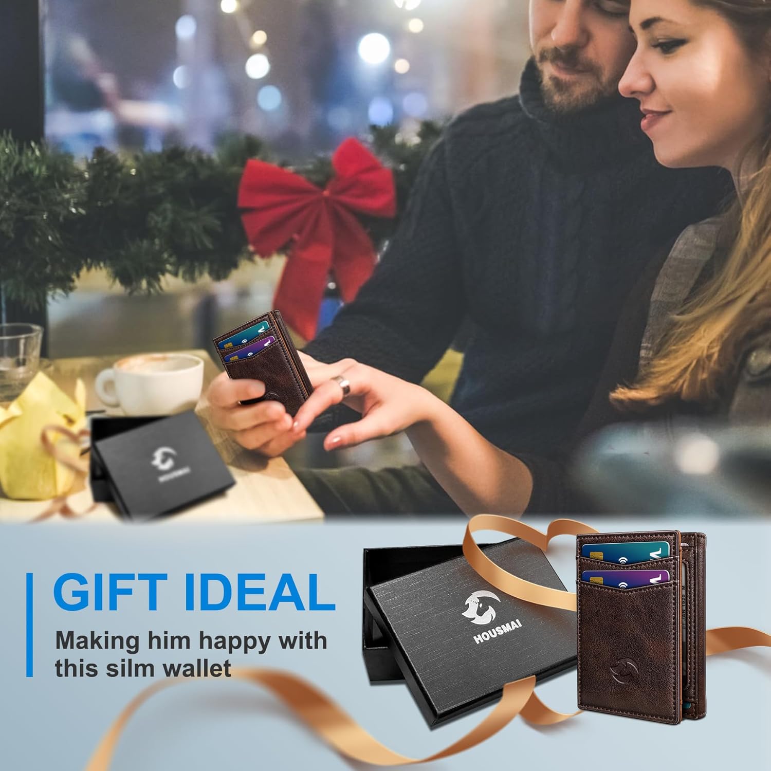 Trifold Leather Wallet for Men,with Cash Pocket 2 ID Window 14-16 Cards Magnetic Closure Slim Wallet 4.0"*3.1", RFID Blocking Front Pocket Wallet with Gift Box - Image 8