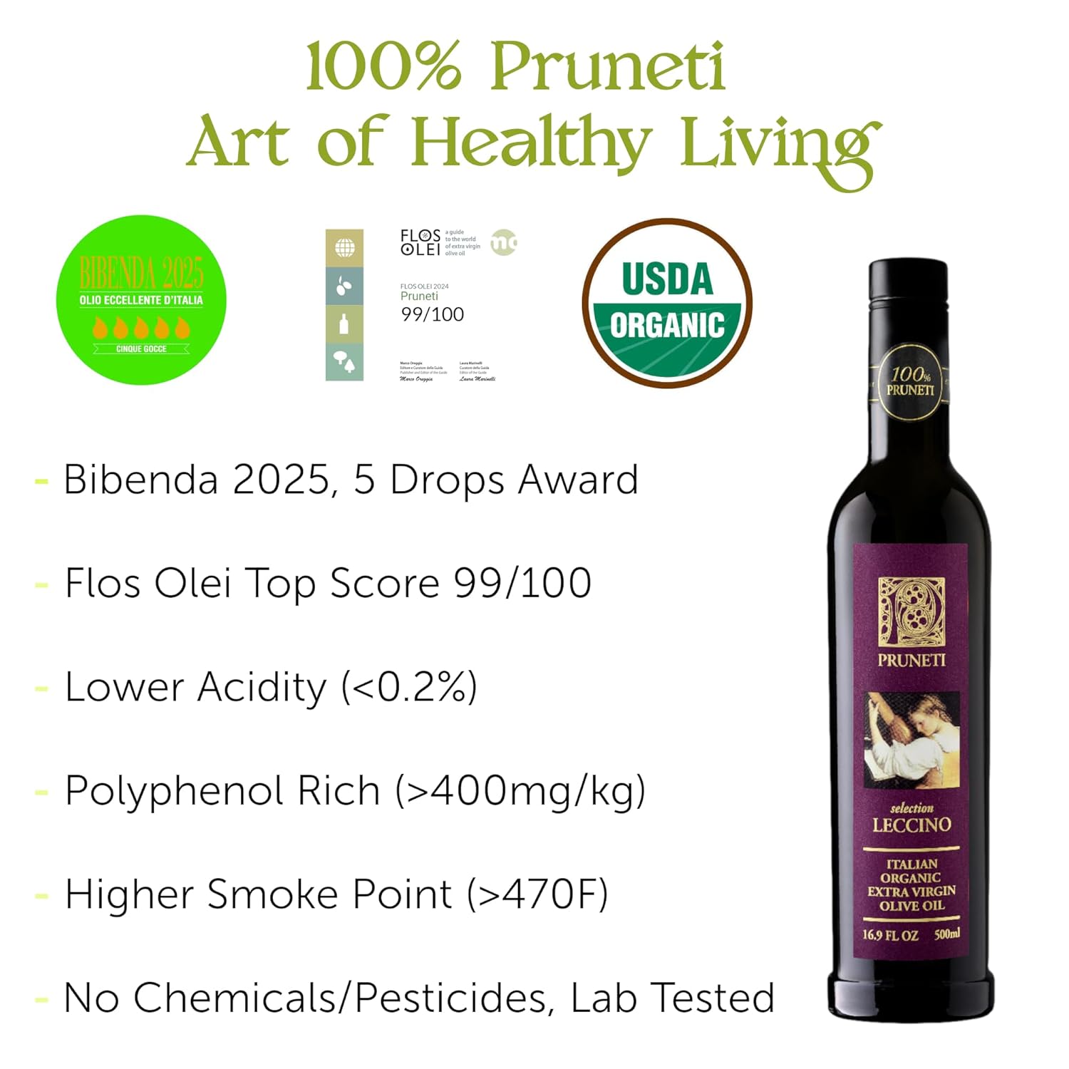 Pruneti Leccino Organic Extra Virgin Olive Oil from Tuscany – 2025 Gold Award Winning Italian Olive Oil from Italy – 400+ mg/kg Polyphenols evoo – First Cold pressed for Drinking & Finishing Use - Image 3