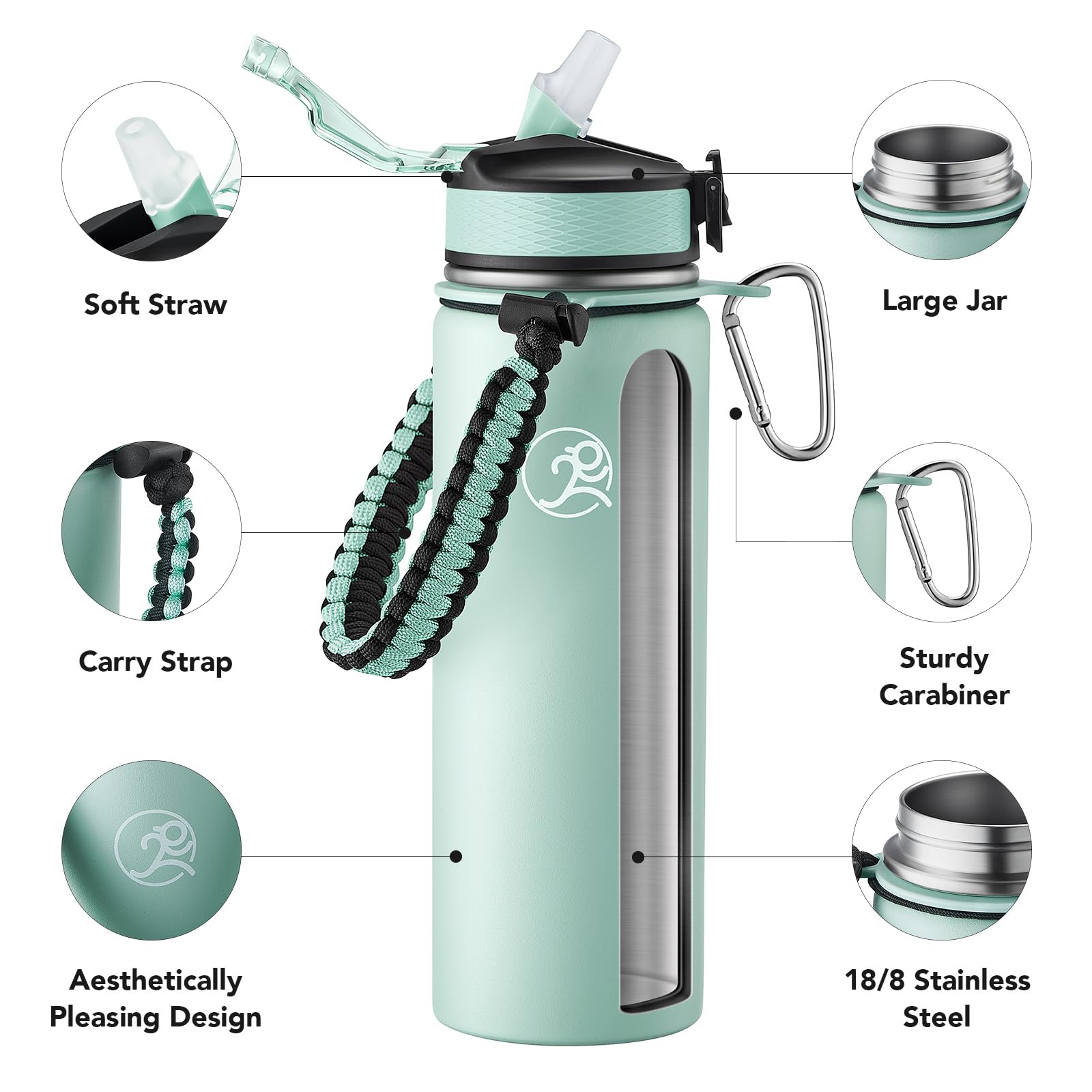 GOSWAG Botella de agua deportiva aislada, 24 onzas, 2 tapas (con pajilla/sin popote), botellas de agua de acero inoxidable con mango de paracaídas, termo aislado con aislamiento al vacío de doble