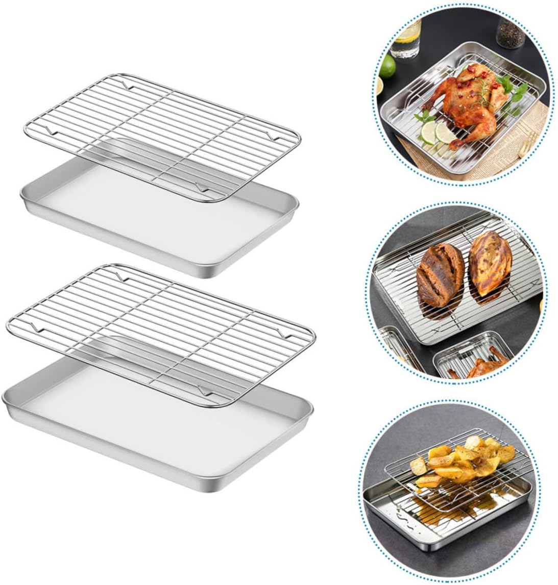 2sets Stainless Steel Baking Sheet with Wire Cooling Rack Oven Baking Tray for Muffins Cookies and Bread Compact for Easy Storage and Transport