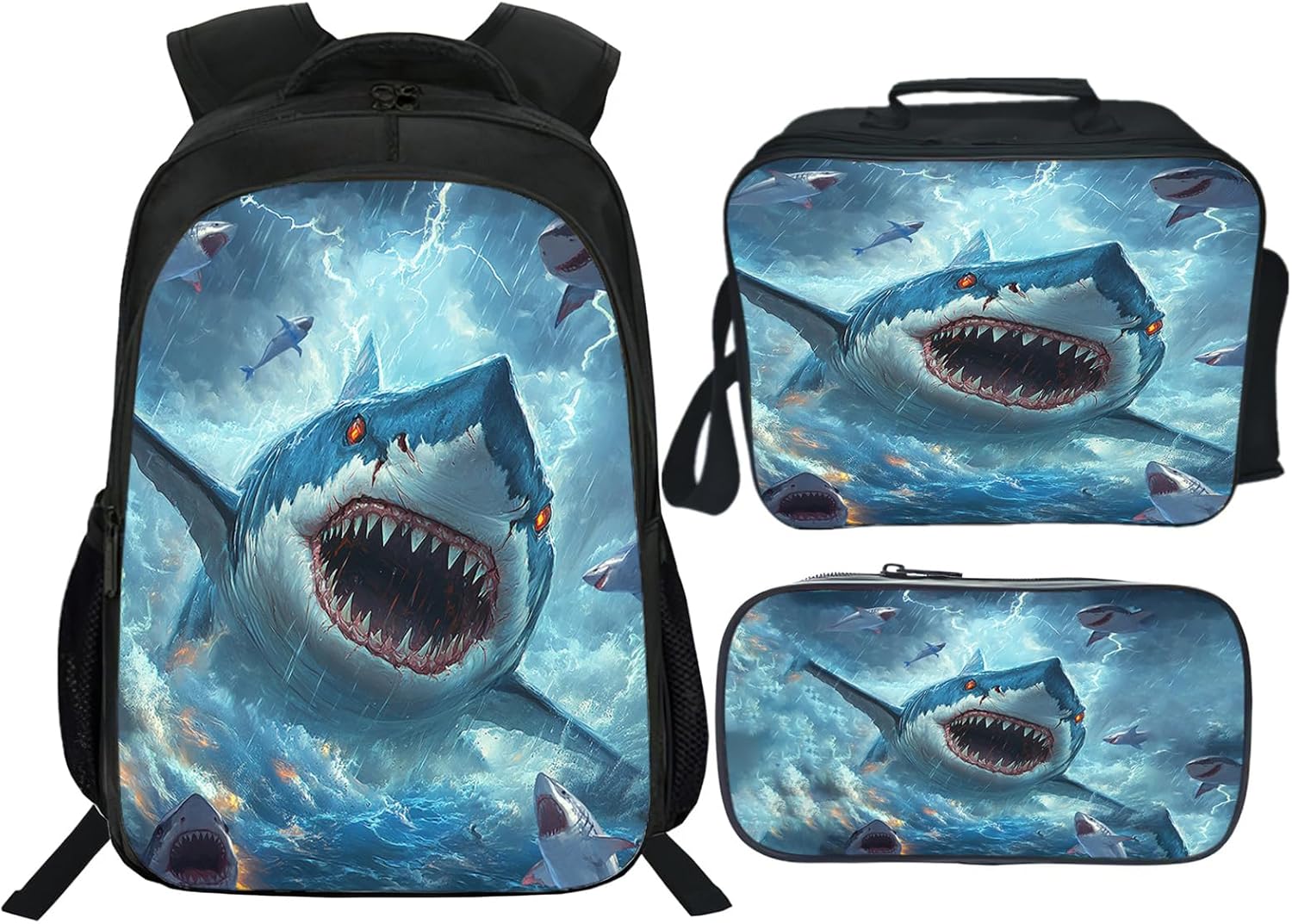 Shark Backpack 3PCS 16" Preschool Elementary Schoolbag with Lunch Box Pencil Case Bookbag Set for Girls Boys Kids Children Teens School Students