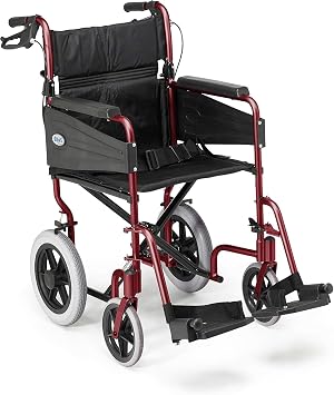 Days Compact Lightweight Foldable Wheelchair for Adults, Narrow - Red | 41 cm Seat, Folds Flat for Storage or Travel, Padded Seat, Footrests, Puncture-Proof Tyres & Secure Brakes for Wheel Chairs