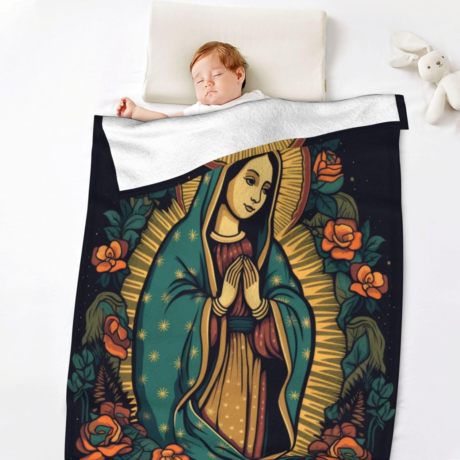 Virgin Mary Flannel Throw Blanket, 50" x 40", Our Lady of Guadalupe Themed Black Throw for Home, Bed, Couch, Sofa, Fiesta-De-Ia-Virgen Catholic Gifts - Image 6