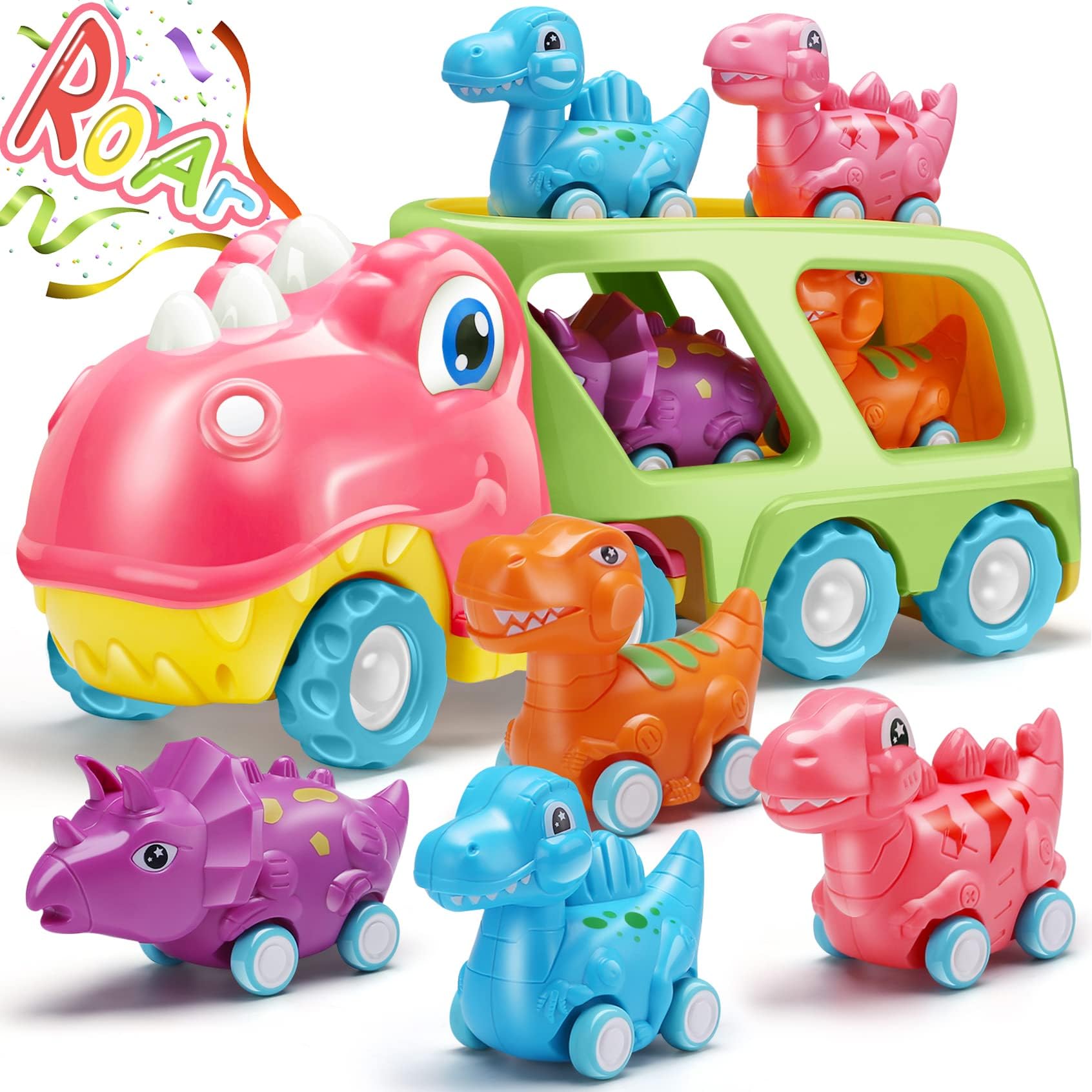 Dinosaur Car Toy for Toddler Girl, Dino Carrier Truck with 4 Mini Cartoon Pull Back Cars with Realistic Lights and Sounds, Pink Girls Toys for Kid Child Baby Age 3 Year Old Birthday Party Gift