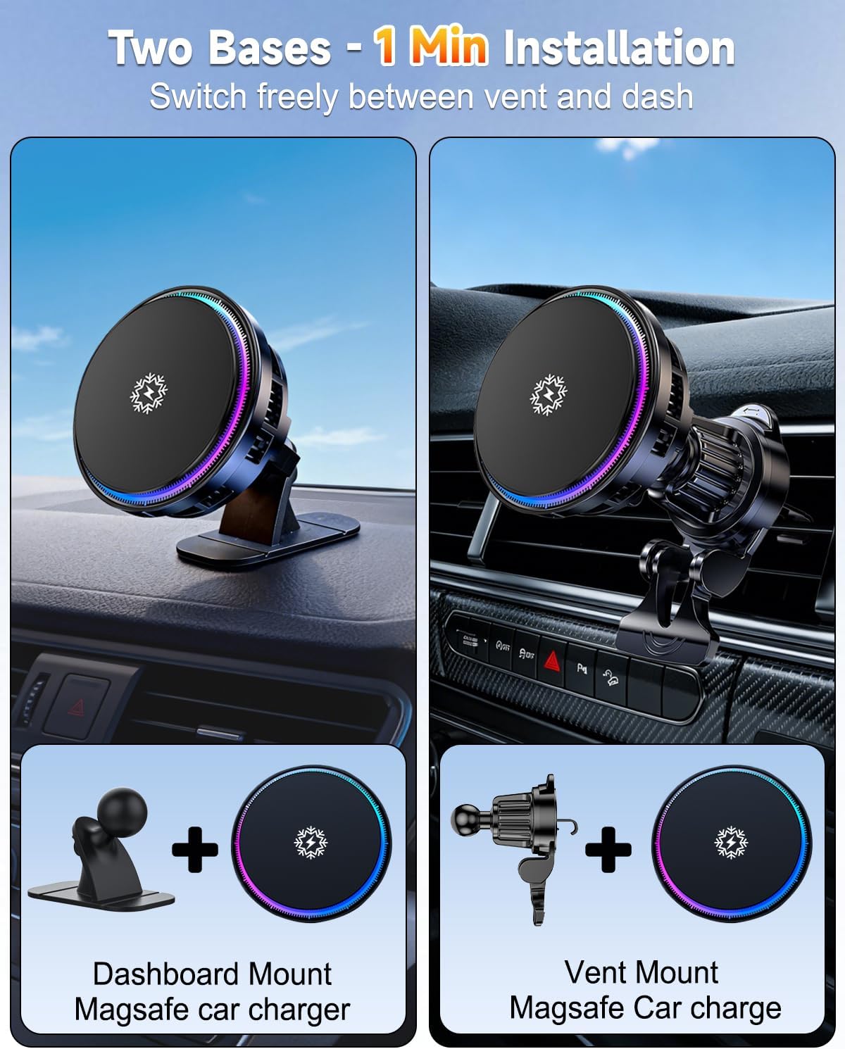 2026 Upgraded TEC and Fan Dual Cooling Magnetic Wireless Car Charger, For 15W Magsafe Car Charger Mount, RGB, Air Vent/Dashboard Fast Wireless Charging Car Phone Holder for iPhone 17/16/15/14/13/12