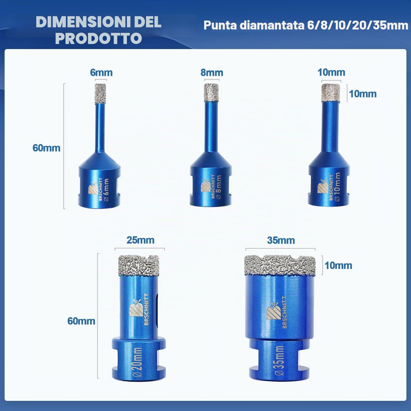 Punta per Trapano Diamantata Set - BRSCHNITT 6 8 10 20 35mm Fresa Diamantata M14 Filo per Porcellana Granito Piastrella Marmo Taglio a Secco