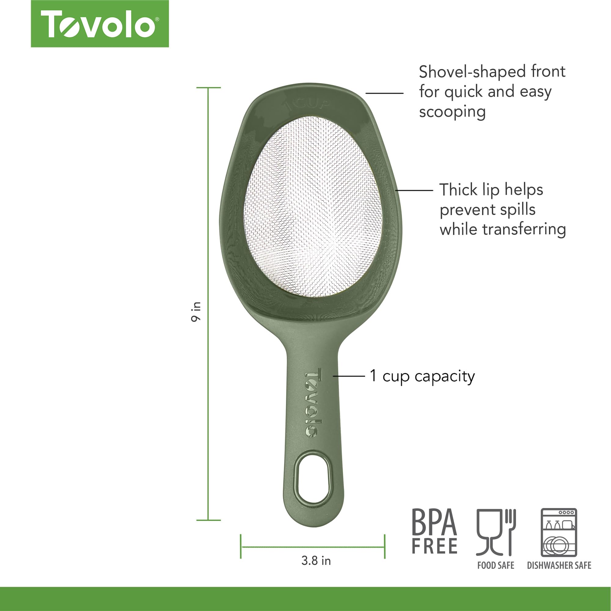 Tovolo Scoop & Sift, ergonomisches feinmaschiges Sieb Mehlsieb, einfache Schaufel 1 Messbecher, spülmaschinenfestes Backwerkzeug zum Staubwischen & Belüften Thymian