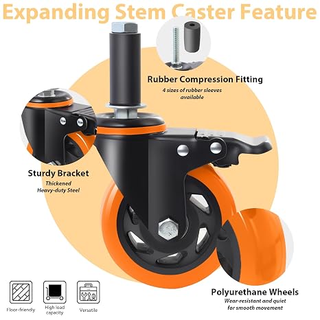 100mm Expanding Stem Castor Wheels Set of 4 with Brake Orange, Heavy Duty 500KG Total Load Capacity, Fits 23mm/28mm/34mm/40mm Tube Legs, Ideal for Prep Tables, Carts, Trolleys