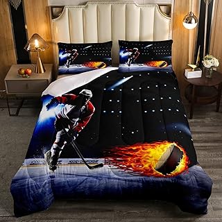 Erosebridal Ice Hockey Comforter Set Queen Hockey Sport Player Quilted Duvet Winter Extreme Sport Game Duvet Set Sports Arena Flame Pattern Quilt Set for Boys Teens Adult Blue Black