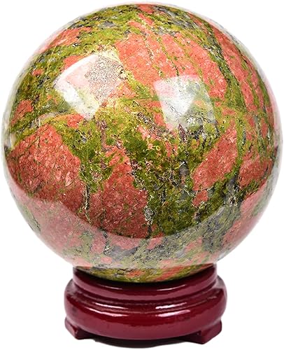 JIC Gem Bola grande de cristal real con soporte de decoation bola de esfera de piedra preciosa Unakita para meditación Energía Reiki bola de
