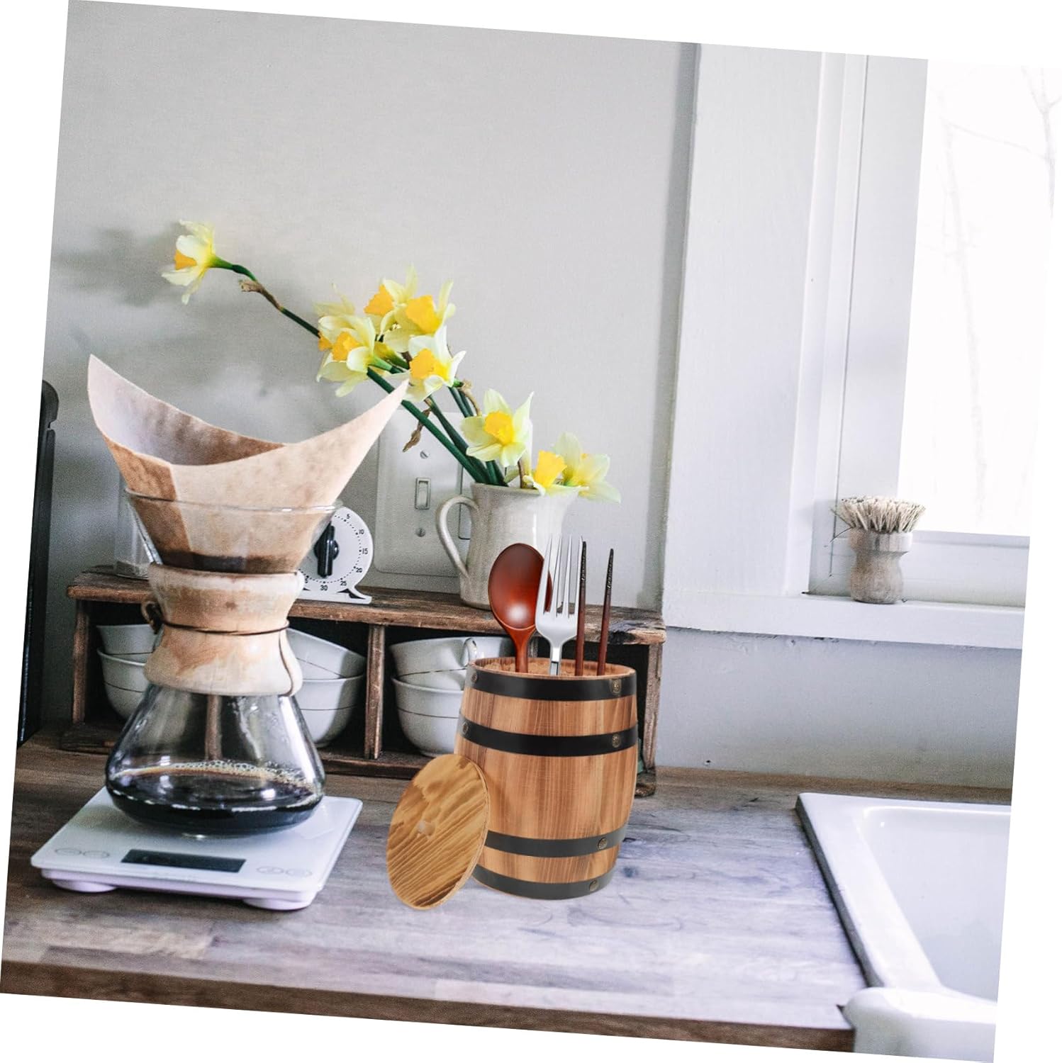 Utensil Holder Retro Style Wine Barrel Cutlery Storage Organizer for Home and Office Mini Rustic Fork and Spoon Holder Chic Vintage Design for Countertop Organization