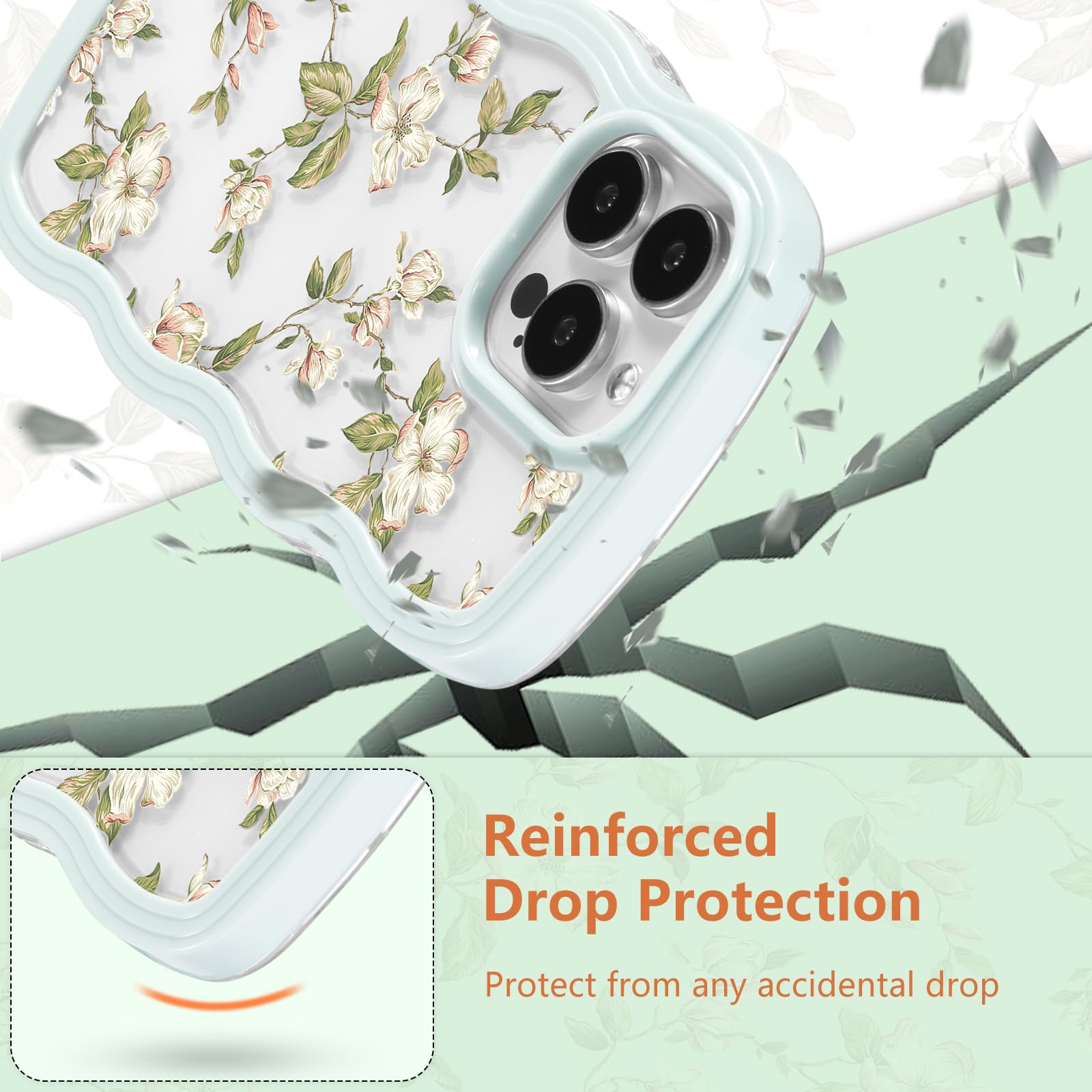 ZTOFERA Floral Case for iPhone 15 Pro Max 6.7 inch,Cute Curly Wave Frame Shape Case with Green Leaf Flower Pattern for Women Girls Clear Soft Slim Shockproof Phone Case for iPhone 15 Pro Max - Image 4