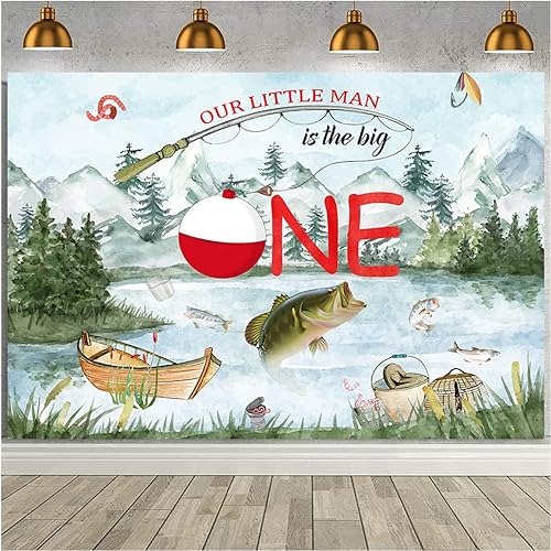Fondo de fotografía de Our Little Man is The Big One Wild Gone Fishing Background Boy First One Birthday Party Decor Baby Shower Fisherman Party