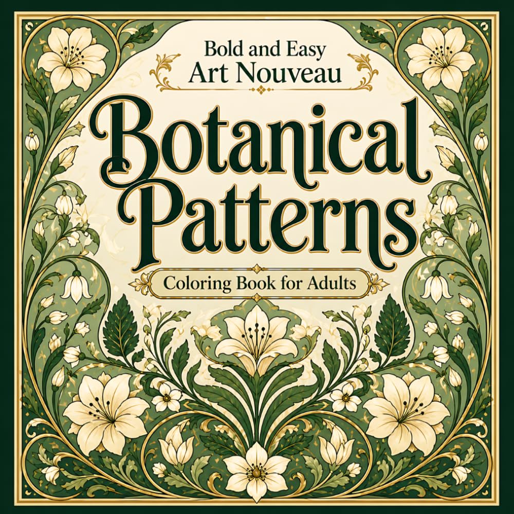 Bold and Easy Art Nouveau Botanical Patterns: Coloring Book for Adults with Floral Motifs, Organic Shapes and Decorative Designs