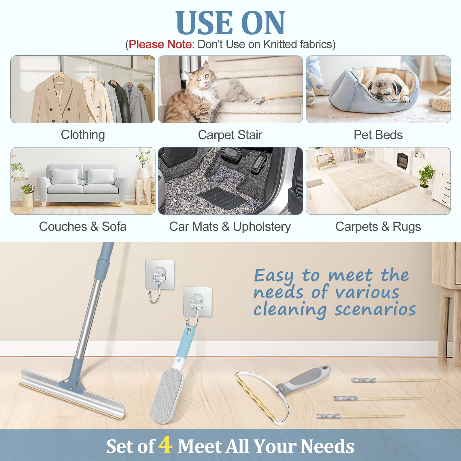 Lot de 4 outils d'épilation pour animaux de compagnie, râteau pour épilation des poils de chiens et chats, anti-peluches à long manche réglable, brosse pour tapis, canapé, meubles, gris clair