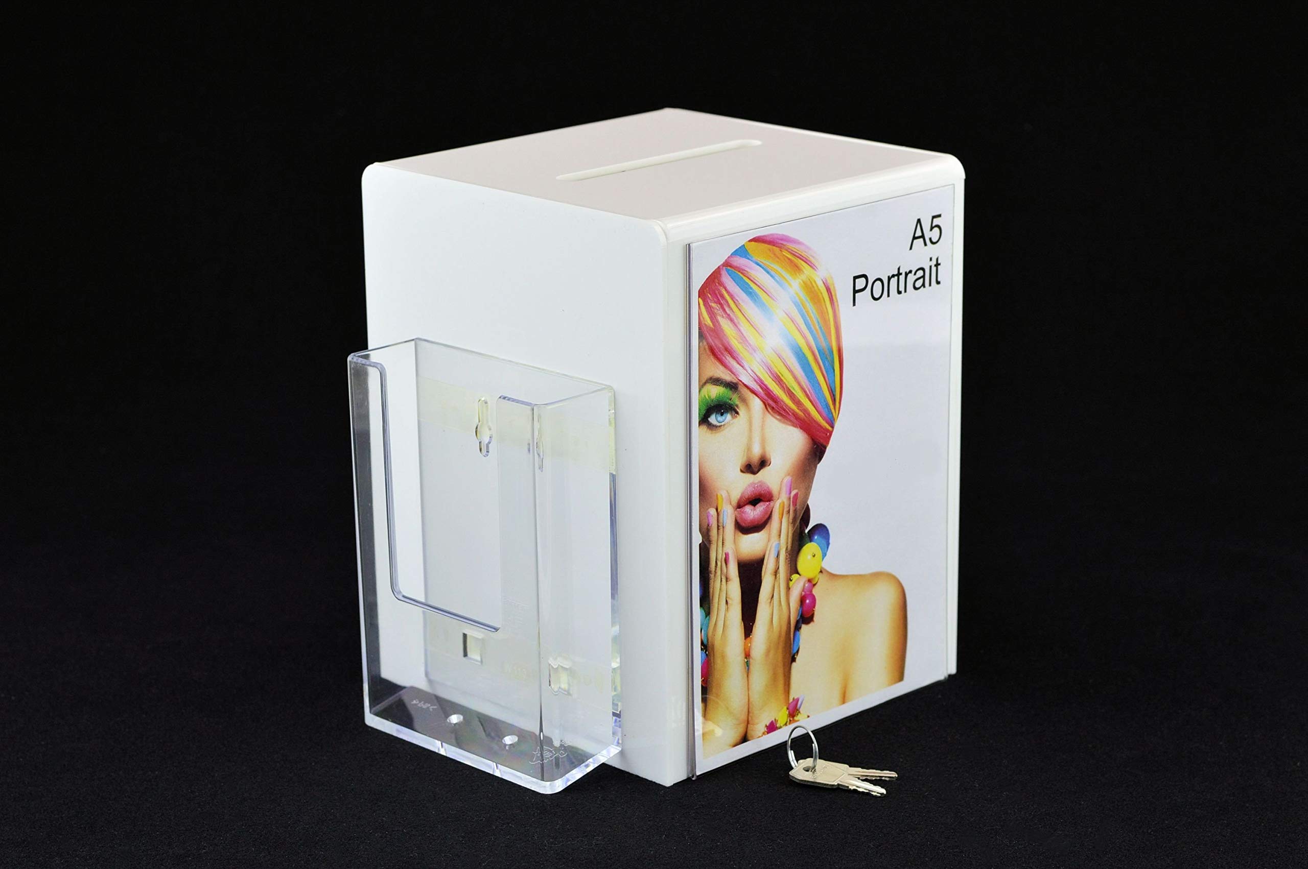 Pos Display Shop Lockable White Acrylic Suggestion Ballot Comments Feedback Charity Collection Box with Leaflet Holder + A5 Poster Holder - PDS9470 Lock White - Recyclable