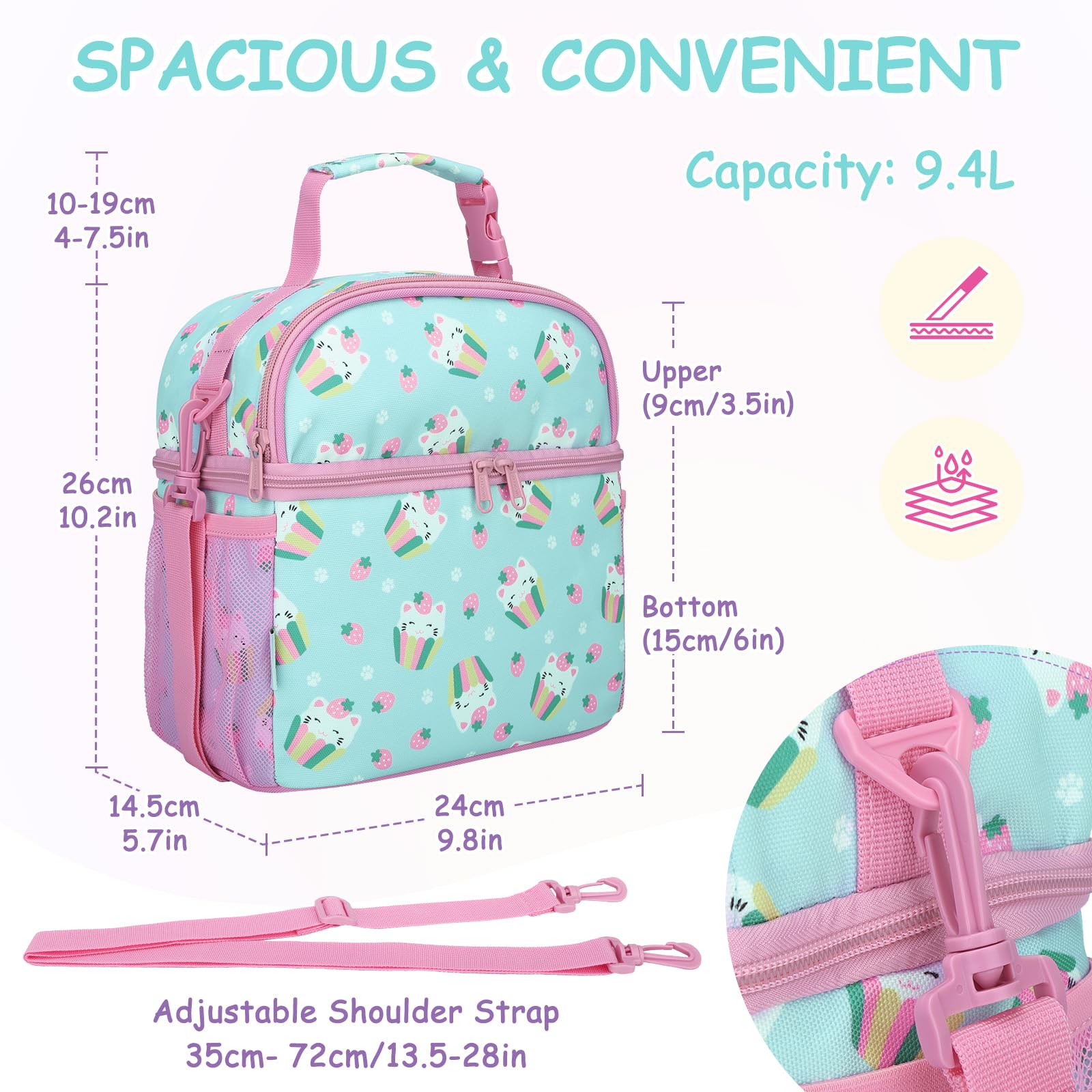 VASCHY Lunch Bag for Kids Insulated Lunch Box Double Compartments Cooler Lunch Tote for Toddlers Boys Girls School/Daycare/Picnic Cute Cats - Image 2