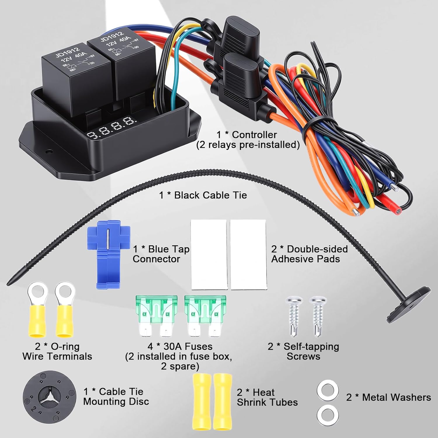 Digital Electric Radiator Fan Controller Switch Kit, Adjustable Temperature 104-230°F, LED Real Time Display, DC12V/24V, Dual Fan Control, Fan Relay Kit, Automotive Fan Controller (DC12V)