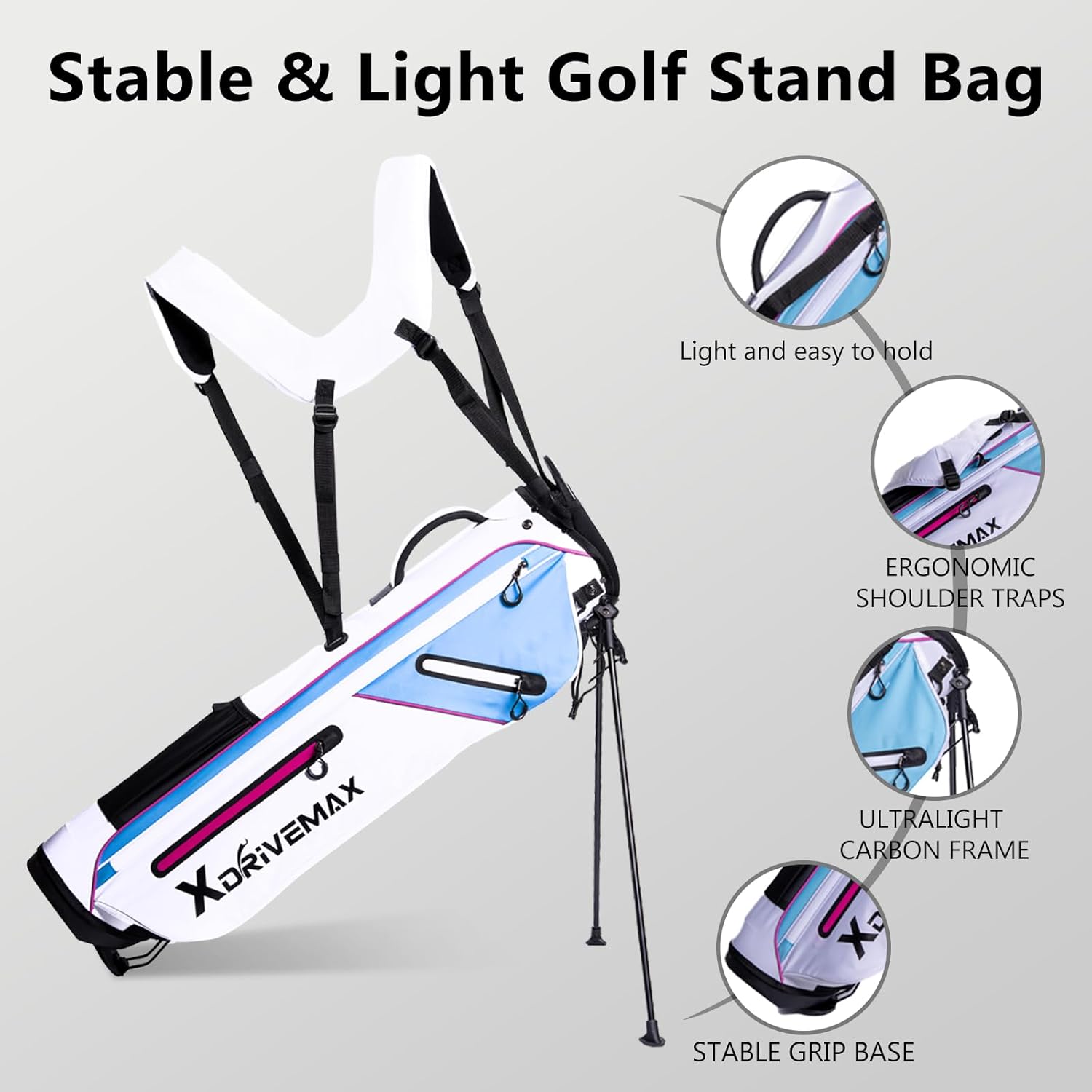 Golf Stand Bag, Lightweight Golf Bag with Stable Stand,Compact Design Featuring Easy-Carry Shoulder Straps, 4-Way Top & 8-Way Top, Essential Storage Pockets