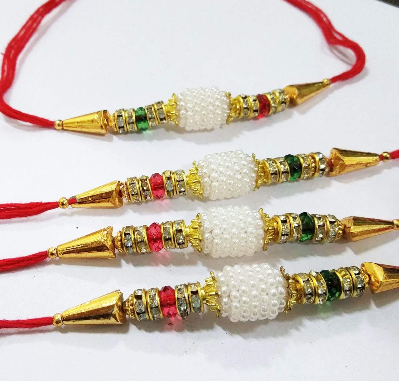 Set of 2 Red Thread Bracelet (Rakhi) II Wrist Thread Bracelet for Brother/Friends/Women/Men/Girls/Boys Made by fine Red Threads Multicolored & White Beads