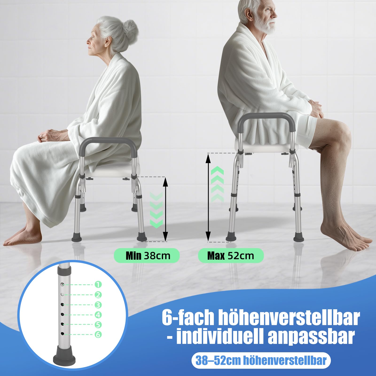 Duschhocker mit Armlehnen&EVA-Sitz,Duschstuhl höhenverstellbar als Badestuhl für Senioren,53cm Shower Chair extrabreit,Badhocker bis 150 kg belastbar,Duschhilfe werkzeugfreie Montage,Shower Stool
