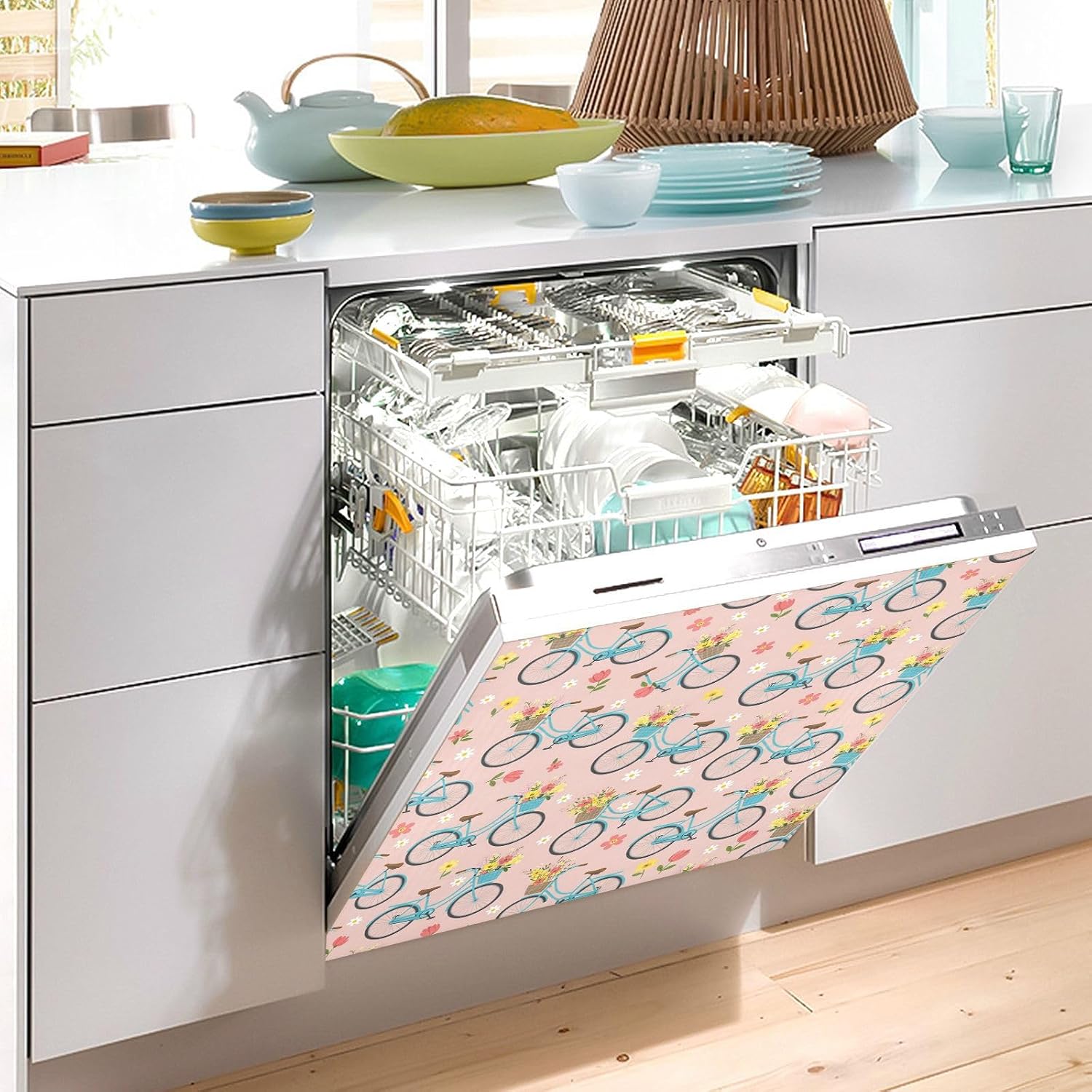 QUGRL Blue Bicycles Flowers Dishwasher Magnet Cover Front Door Pink Background Decorative Refrigerator Covers Magnetic Sheet Sticker Wash Machine Fridge Panel Decal for Kitchen Appliance 23x26 in