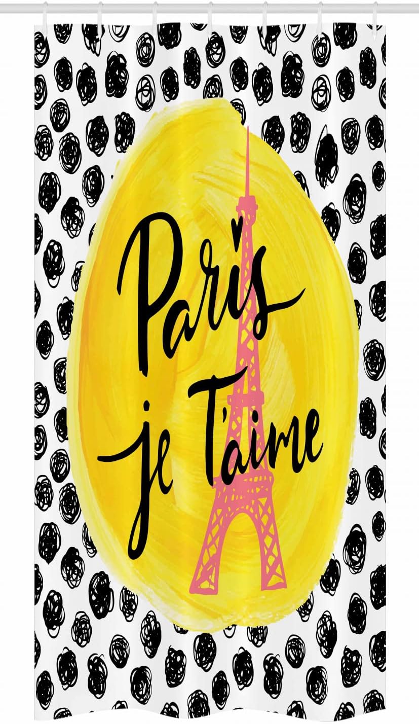 Ambesonne Paris Stall Shower Curtain, Eiffel Tower I Love You Message Polka Dot Background Vintage Art Typography, Fabric Bathroom Decor Set with Hooks, 36" W x 72" L, Mustard Black Pink